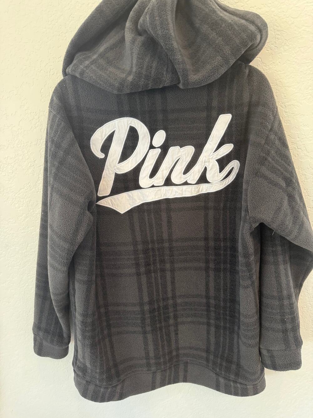 Victoria's Secret Pink Plaid Polar Fleece Hoodie Quarter Zip Dog Logo Large